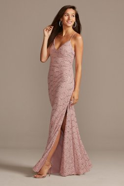 Skinny Strap Sequin Lace Stretch Dress with Slit DB Studio DS270072