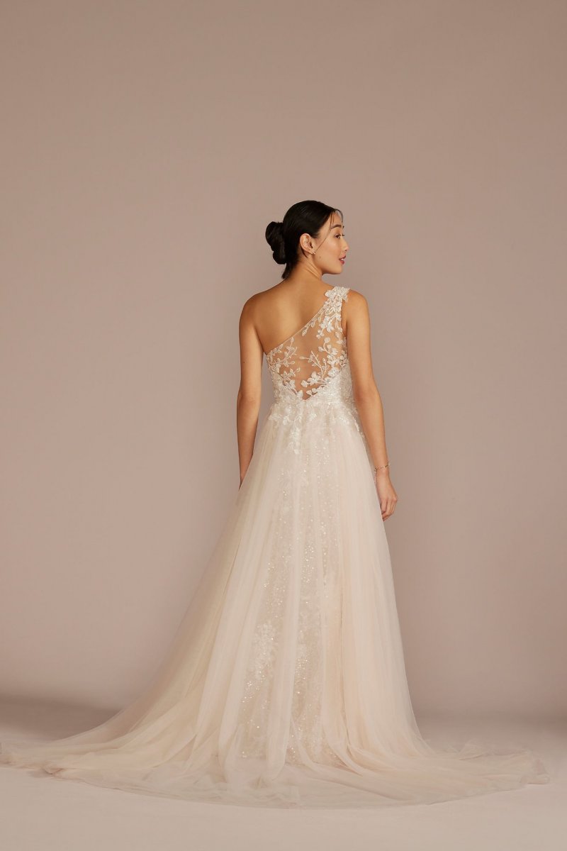 One-Shoulder Beaded Wedding Dress with Overskirt SWG951