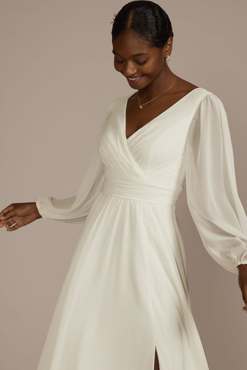 Long Billow Sleeve Chiffon A-Line Wedding Dress SDWG1126