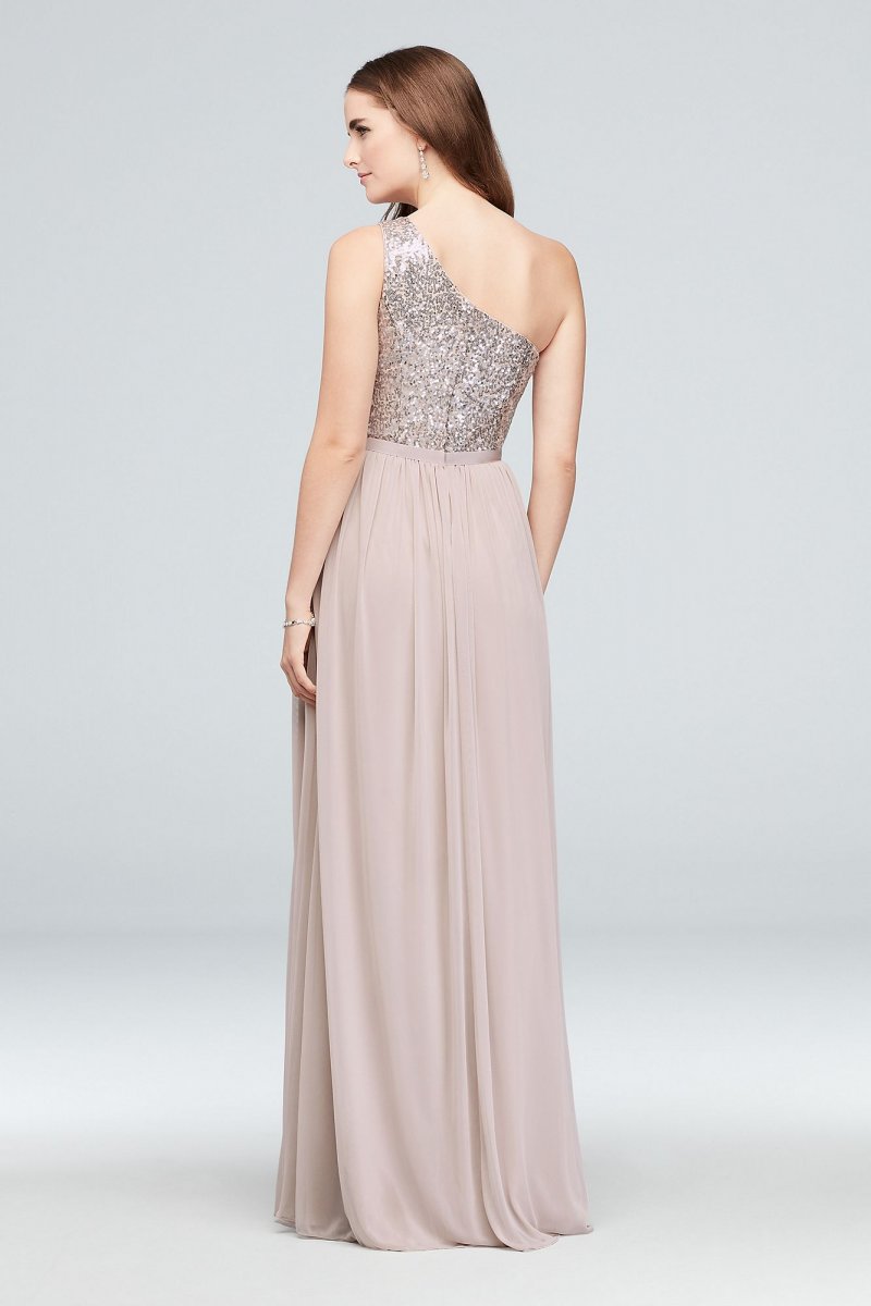 Sequin and Mesh One-Shoulder Bridesmaid Dress David's Bridal F17063S