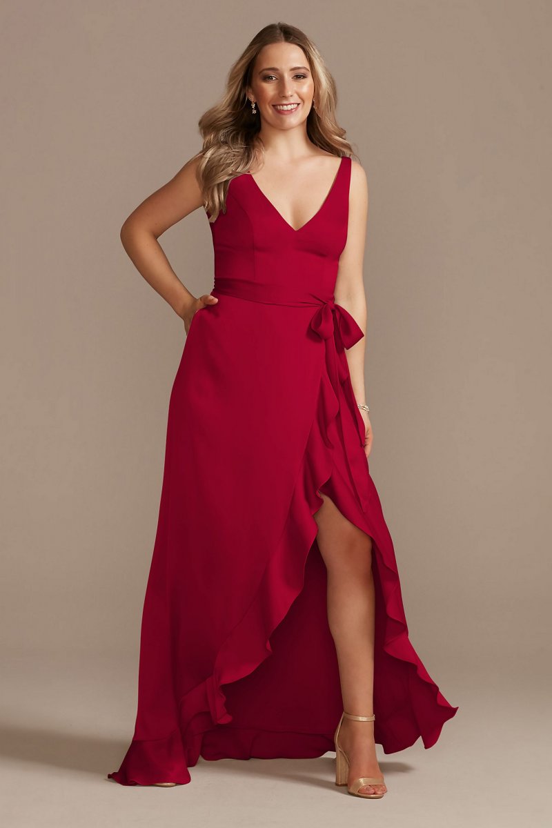 Crepe Satin Ruffle High-Low Bridesmaid Dress David's Bridal F20378