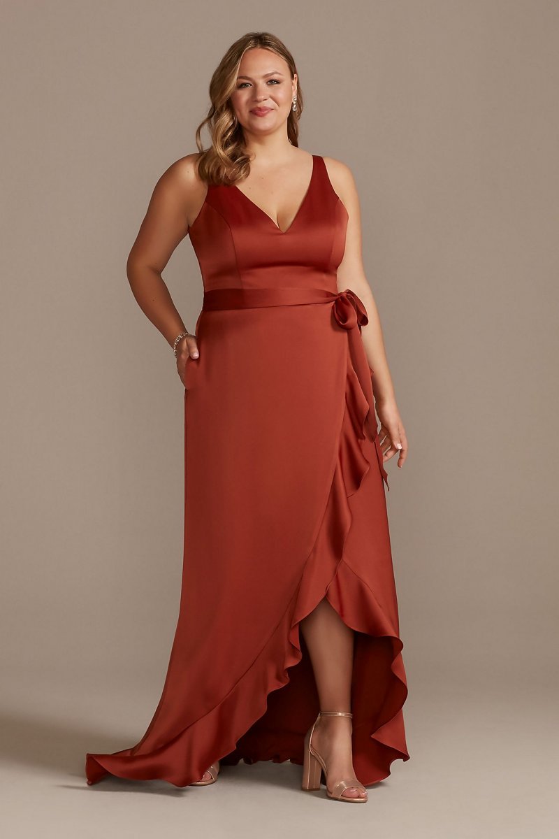 Crepe Satin Ruffle High-Low Bridesmaid Dress David's Bridal F20378