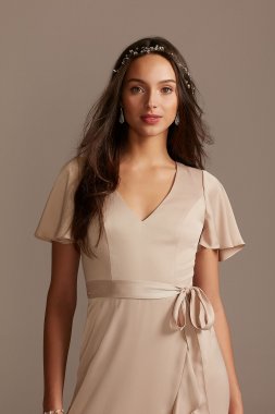 Flutter Sleeve Crepe Satin Ruffle Bridesmaid Dress David's Bridal F20209