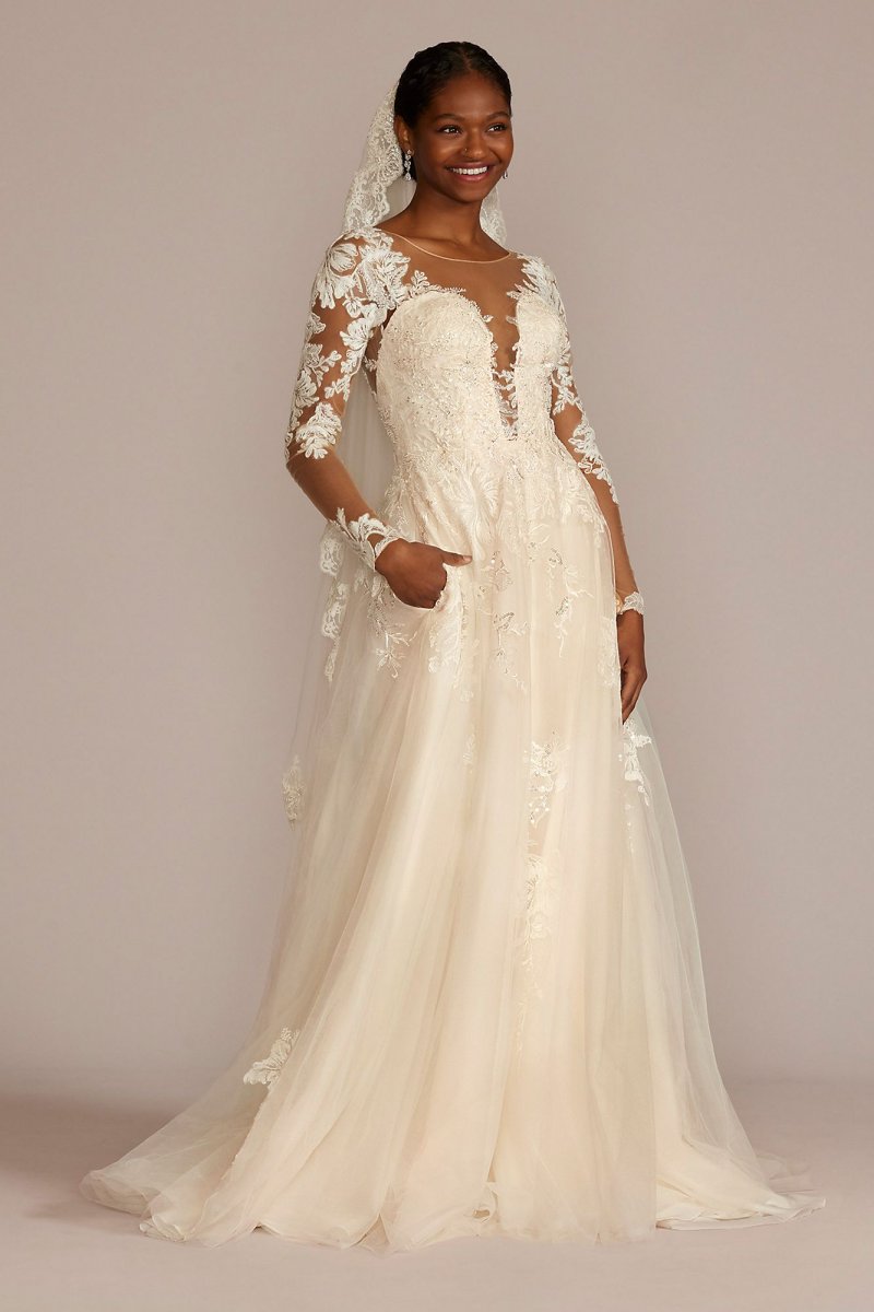 Illusion Button Back Lace Applique Wedding Gown CWG928