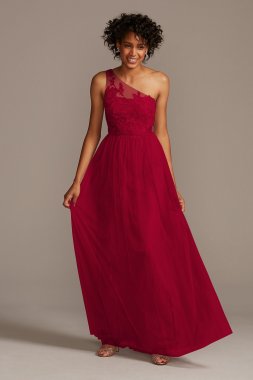 One-Shoulder Embroidered Soft Net Bridesmaid Dress David's Bridal F20121