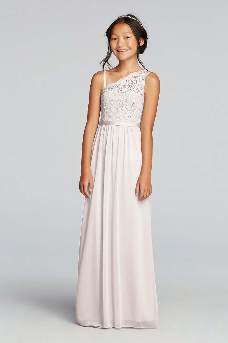 One Shoulder Long Lace Bodice Dress David's Bridal JB9014