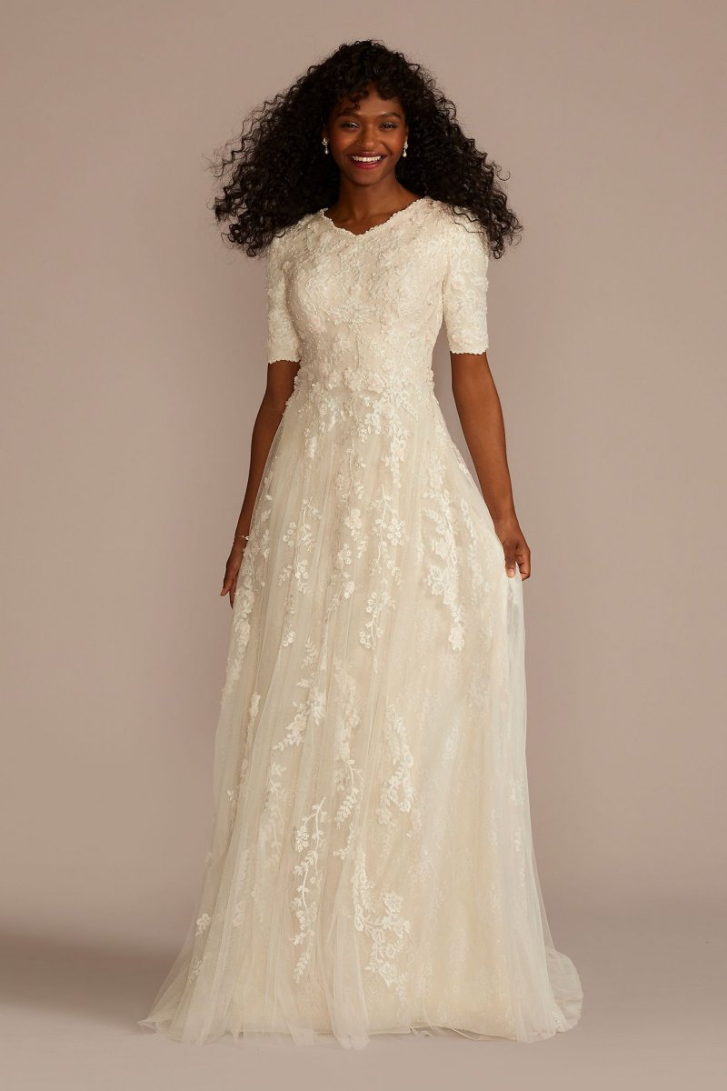 Beaded Lace Elbow Sleeve Modest Wedding Dress MSLMS251177