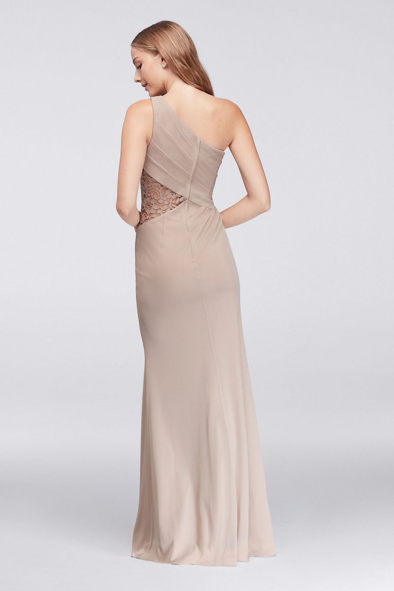 One-Shoulder Mesh Dress with Lace Inset David's Bridal F19419