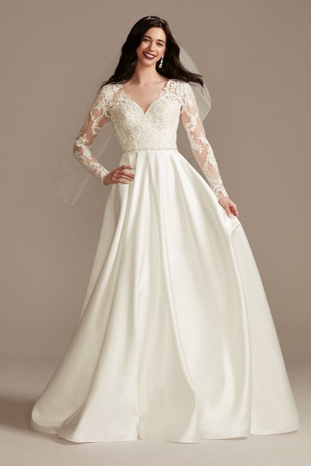 Long Sleeve Beaded Lace Modest Wedding Dress