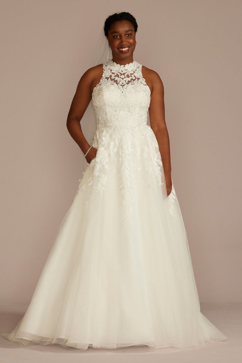 High Neck Lace Applique Tulle Wedding Dress CWG956