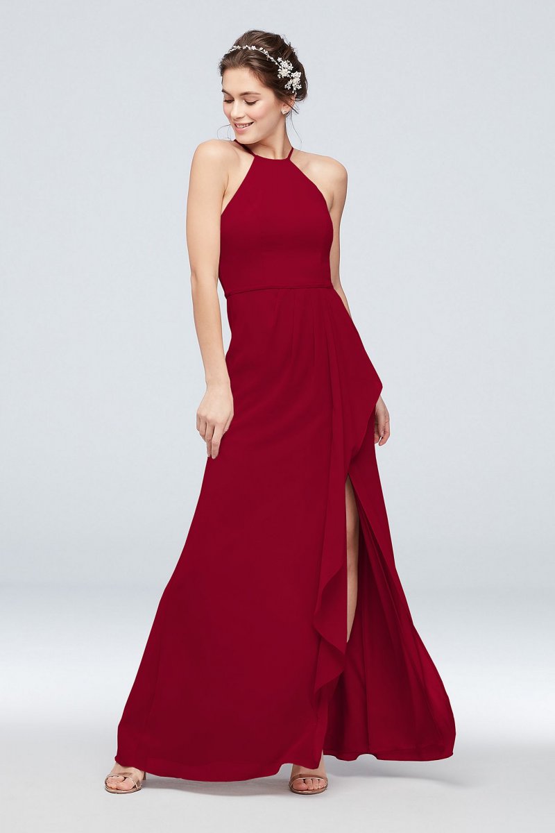 High-Neck Chiffon Bridesmaid Dress with Cascade David's Bridal F20014