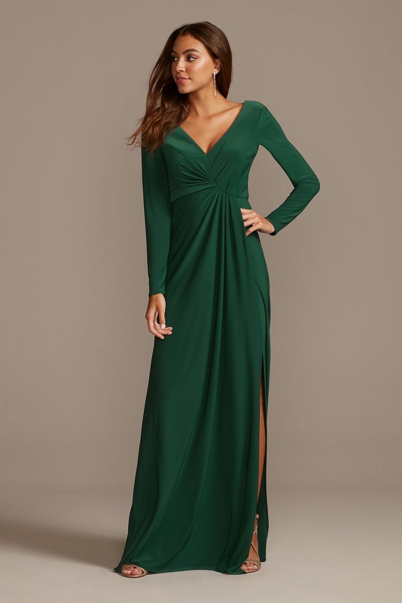 Long Sleeve Jersey V-Neck Dress with Slit DB Studio DS270090