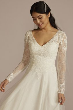 Long Sleeve Lace Bodice Tulle A-Line Wedding Dress WG4088