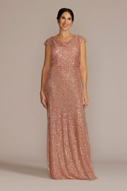 Cowl Neck Cap Sleeve Allover Sequin Gown Oleg Cassini D40NY22218V1