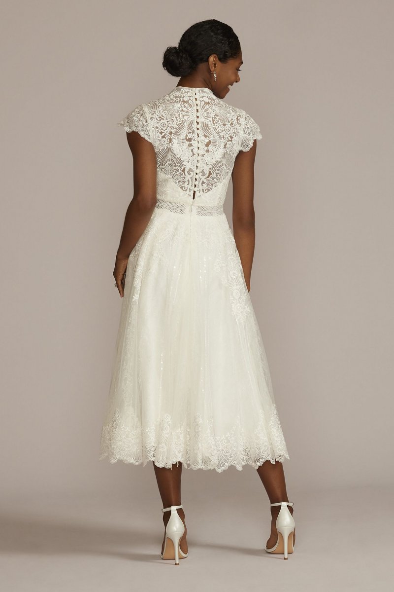 Embroidered Mock Neck Tea-Length Wedding Dress Melissa Sweet MIDMS251205