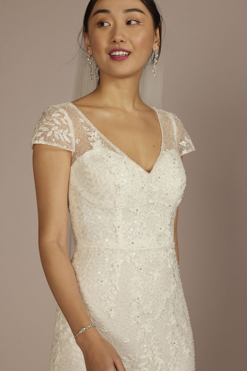 Cap Sleeve V-Neck Beaded Lace Sheath Wedding Dress MS251268