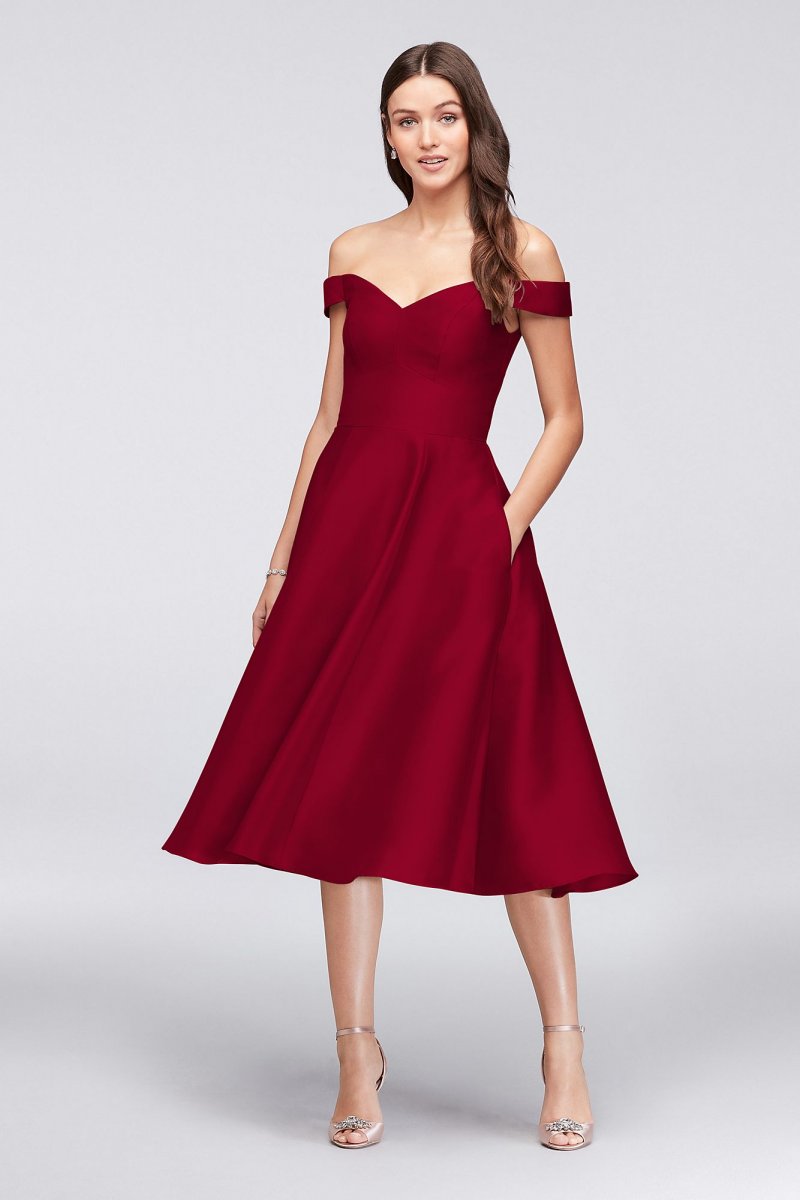 Off-the-Shoulder Tea-Length Bridesmaid Dress David's Bridal F19743