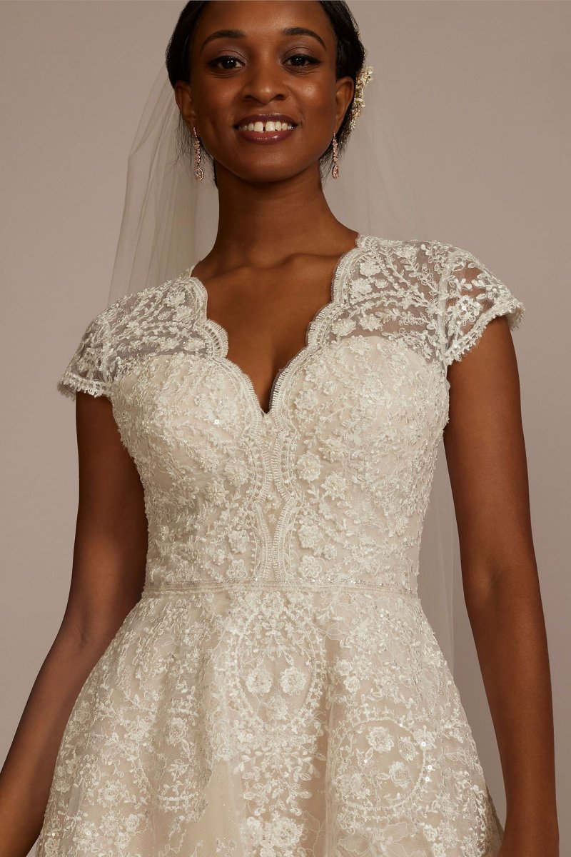 Scalloped Lace Cap Sleeve Tall Plus Wedding Dress CWG935