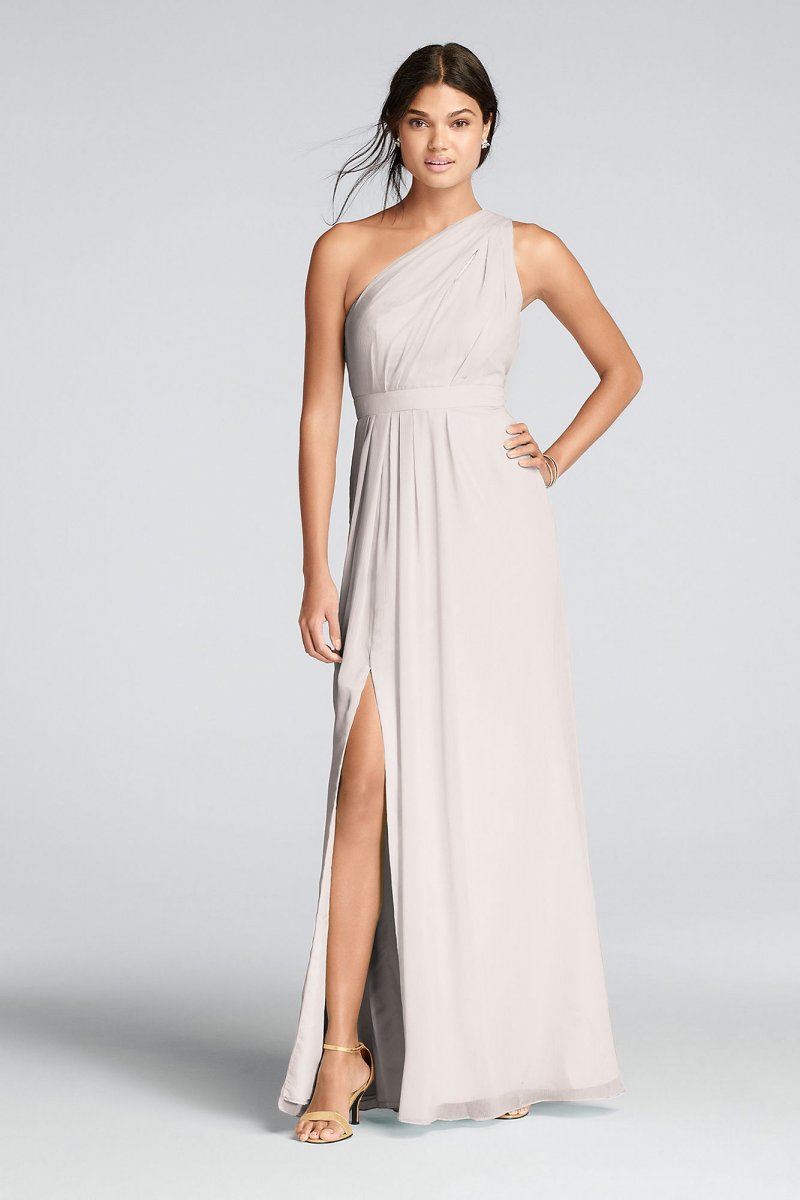 Long One-Shoulder Crinkle Chiffon Dress David's Bridal F18055