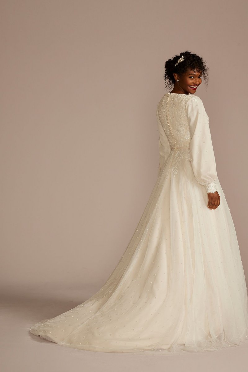 Long Sleeve Pearl Tulle Modest Wedding Dress MSLCWG889