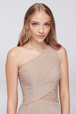 One-Shoulder Mesh Dress with Lace Inset David's Bridal F19419