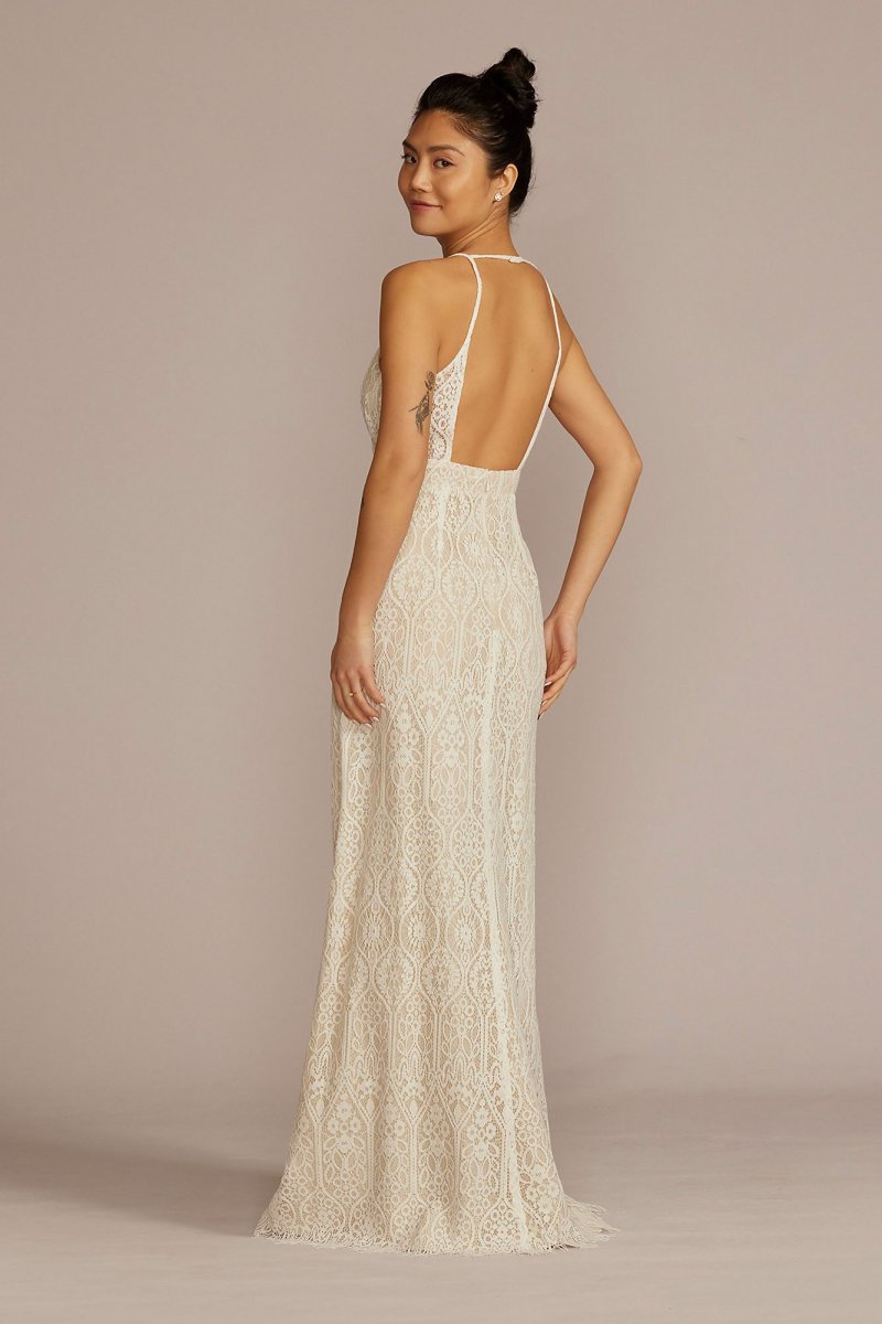 Allover Lace V-Neck Wedding Dress with Open Back SDWG1086