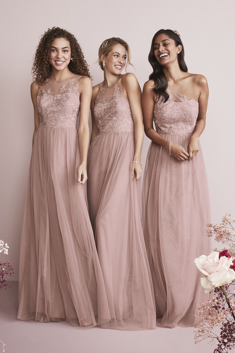 One-Shoulder Embroidered Soft Net Bridesmaid Dress David's Bridal F20121