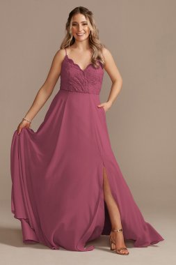 Lace Chiffon Spaghetti Strap Long Bridesmaid Dress David's Bridal F20356