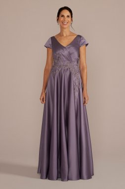 Satin A-Line Gown with Embroidered Waist Oleg Cassini WBM3103