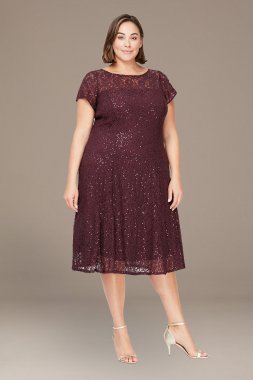 Plus Size Tea Length Illusion Sequin Lace A-Line SL Fashions 9419129