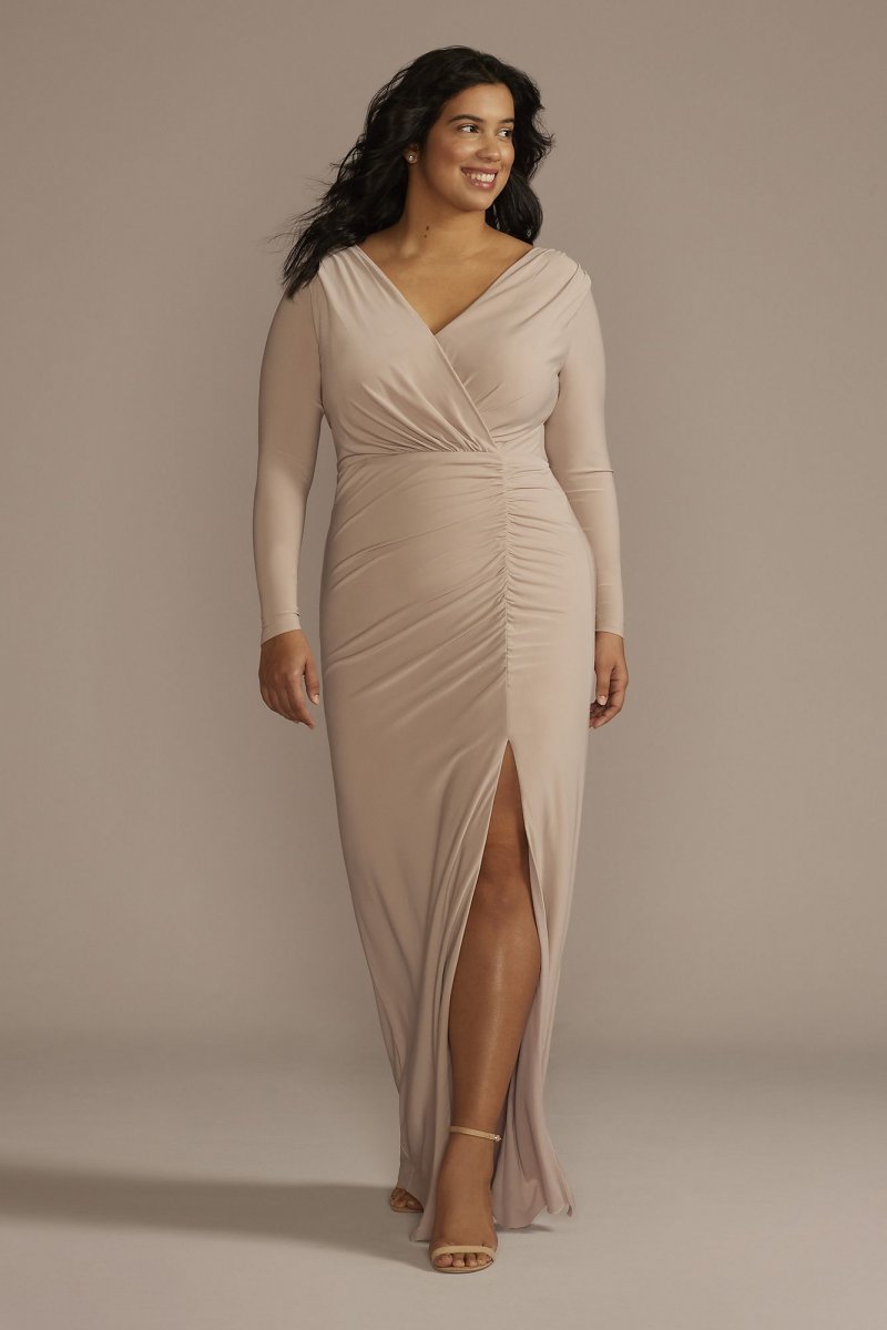 Long Sleeve Ruched Jersey Sheath Bridesmaid Dress F20681