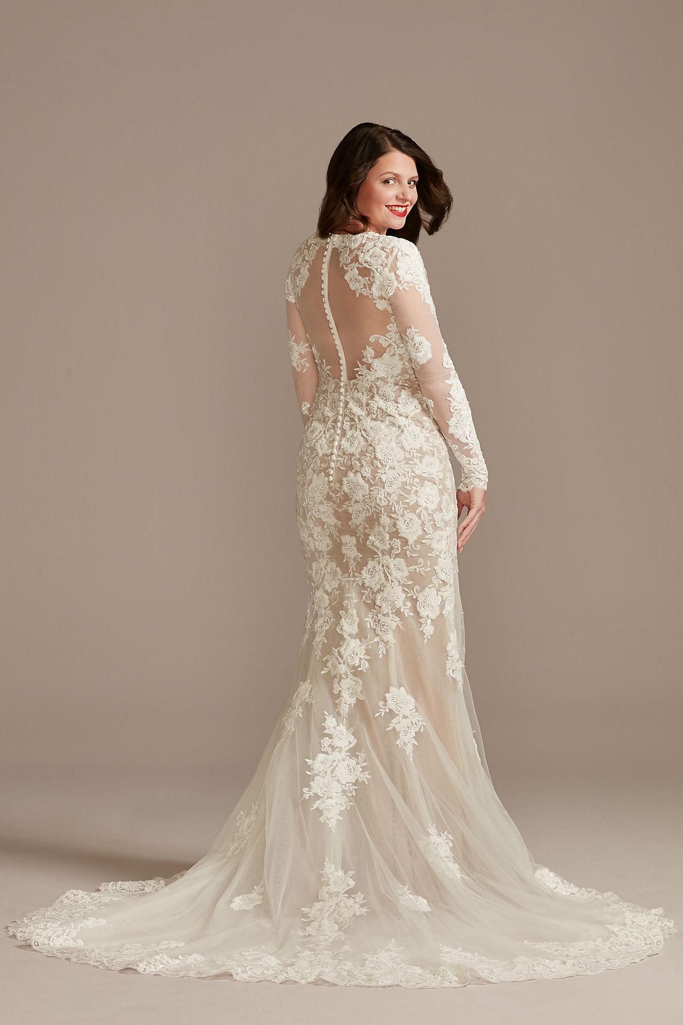 Illusion Sleeve High Neck Plus Size Wedding Dress