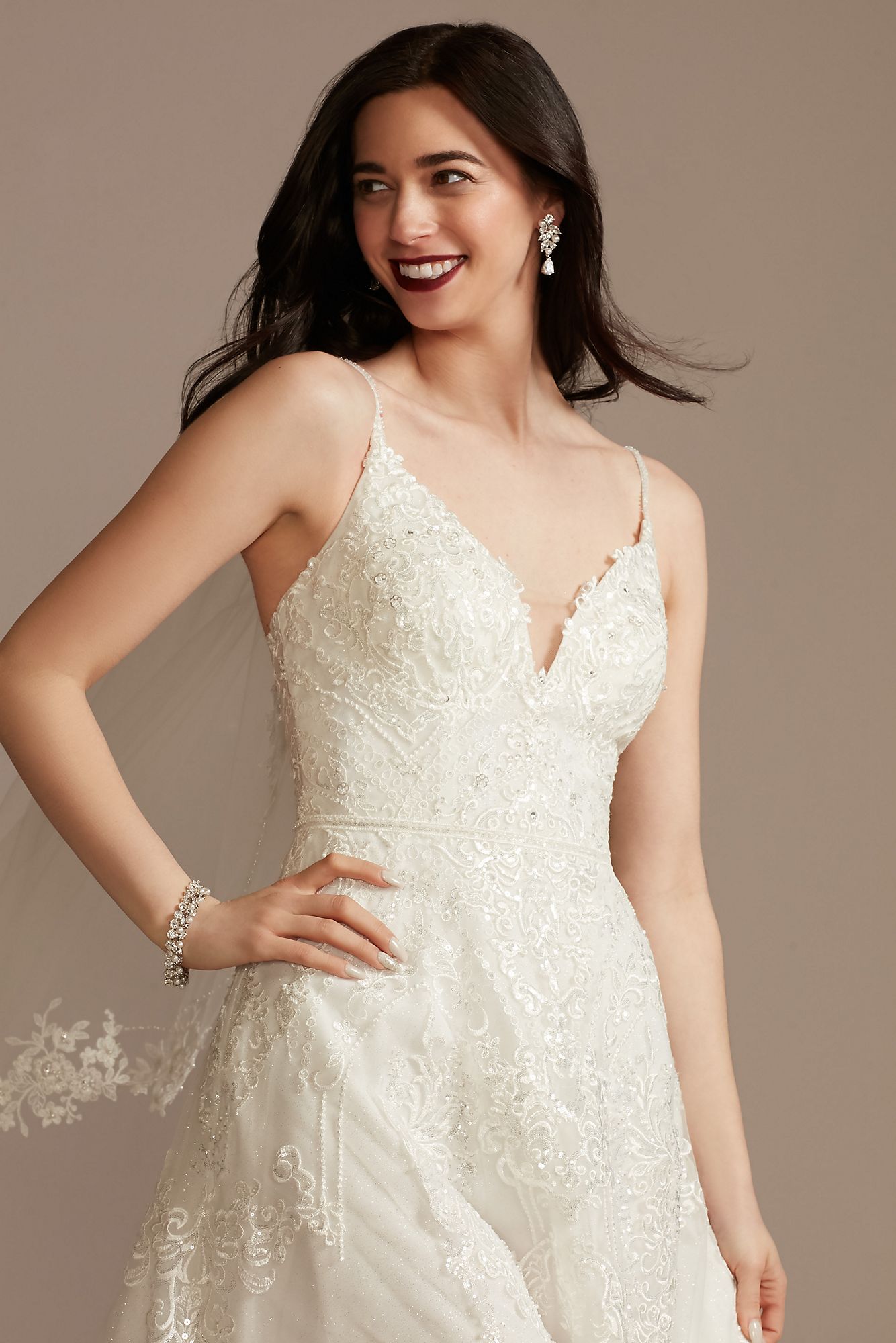 Appliqued Lace-Up Spaghetti Strap Wedding Dress