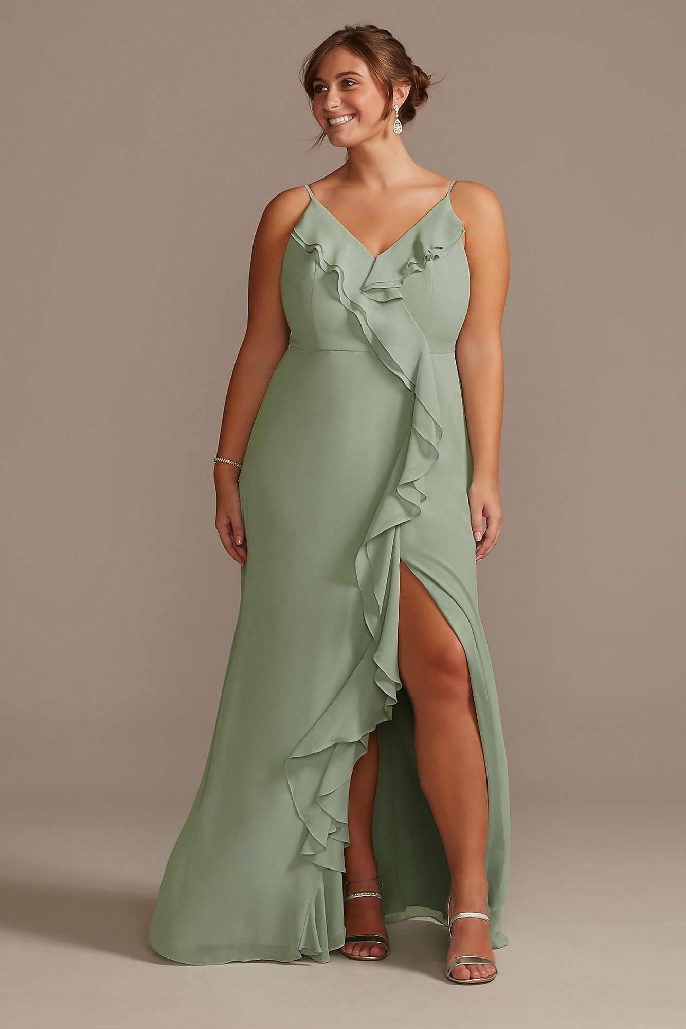 Ruffle Spaghetti-Strap Chiffon Dress with Slit DB Studio DS270094  [DS270094] - $109.00