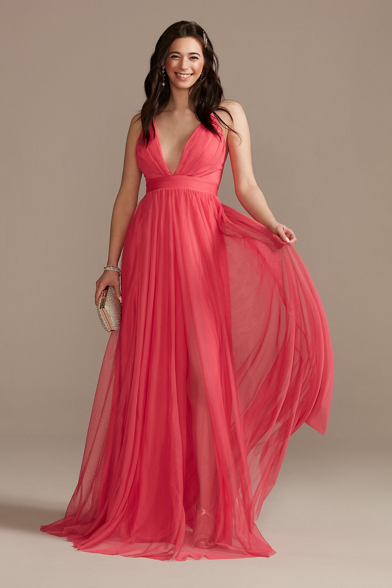 Tulle Dress with Plunge Neckline and Open Back